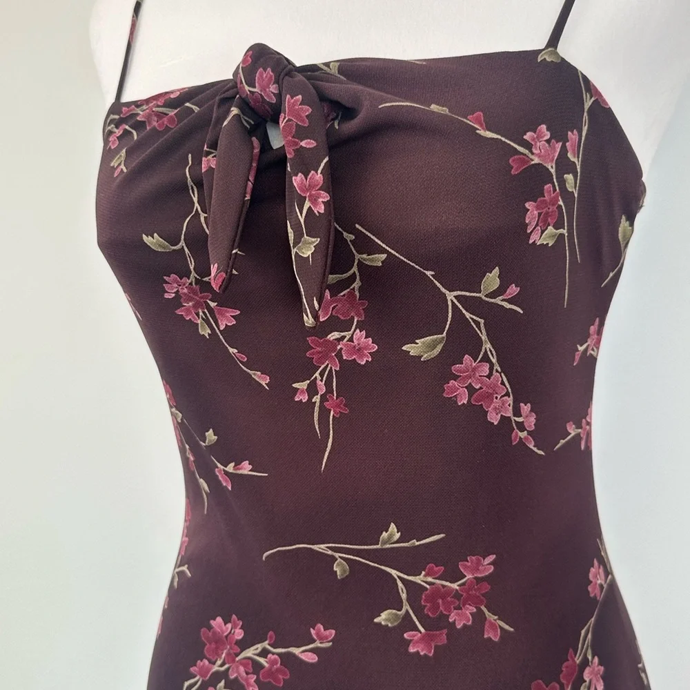 Vintage Y2k Teeze Me Deep Burgundy Dainty Pink Floral Fitted Dress - Picture 11 of 14